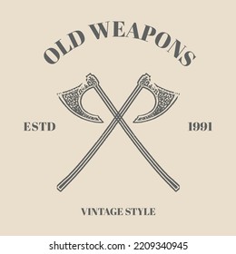 Crossed knife drakkar, sword, thor amulet with runes. Vintage Retro vector style. illustration isolated on cream background. Hand drawn design element for poster, tattoo template design