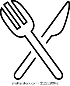 Crossed knife and fork, editable black stroke, simple design for restaurants, black icon of a cutlery. 