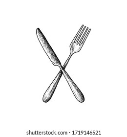 crossed knife and fork hand drawn illustration black and white 