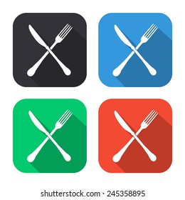 crossed knife and fork icon - colored illustration (gray, blue, green, red) with long shadow