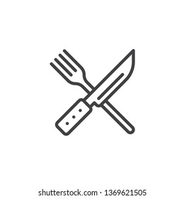 Crossed knife and fork line icon. linear style sign for mobile concept and web design. Kitchen cutlery outline vector icon. Restaurant symbol, logo illustration. Pixel perfect vector graphics