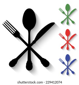 crossed knife, fork and spoon icon - black and colored (green, red, blue) illustration with shadow