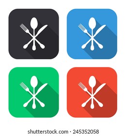 crossed knife fork and spoon icon - colored illustration (gray, blue, green, red) with long shadow