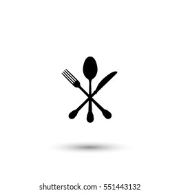 Crossed knife fork and spoon vector icon with round  shadow