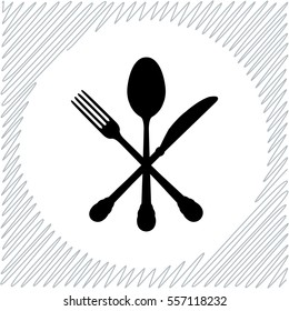 Crossed knife fork and spoon vector icon - black  illustration