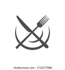 Crossed knife over fork that lie on a plate. Vector illustration