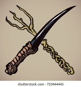 Crossed knife over fork - vector illustration of fantastic and bizarre cutlery.