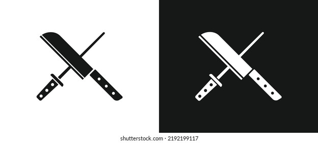 Crossed knife and sharpener flat icon for web. Kitchen knife and sharpening steel sign web icon silhouette with invert color. Knife and kinfe sharpener solid black icon vector design cartoon clipart