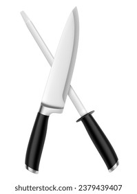 Crossed knife and sharpener, realistic 3d vector illustration. Kitchen knife and sharpening steel. Sharpener and knife isolated on white background