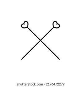 Crossed knitting needles with hearts. Simple minimal icon and logo design. Vector illustration on white background.