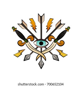 Crossed knives, arrows with human eye in center. Vintage retro style. Design for old school tattoo, background hipster print, cover, poster. Cartoon vector illustration.