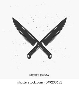 The Crossed Knives Monochrome Illustration. Vintage Butcher's Tools. Template for your shop, butchery, menu, cafe, business or art works.