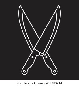Die gekreuzten Messer in dünnen Linien Symbol Vektorgrafik für Design und Web einzeln auf schwarzem Hintergrund. Das gekreuzte Messer-Vektorobjekt für Etiketten