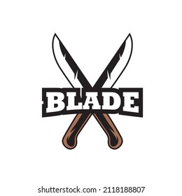 Crossed knives vintage blade logo design, grange print stamp, creative lumberjack typography emblem, Retro Vector label