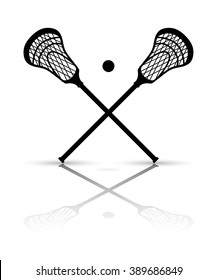 Crossed lacrosse stick and ball with reflection. Vector illustration