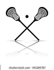 Crossed lacrosse stick and ball with reflection. Vector illustration