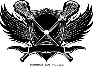 Crossed Lacrosse Sticks and Ball with Ornate Wing Borders Vector Graphic