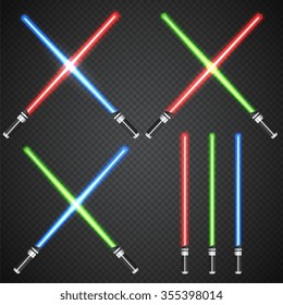 Crossed light swords on a dark plaid background.