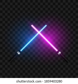 Espadas de luz cruzadas sobre fondo transparente, ilustración vectorial.