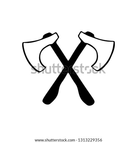 Crossed lineart ax vector illustration in minimalism style. Isolated wood work equipment logo design. Black viking weapon icon silhouette on white background