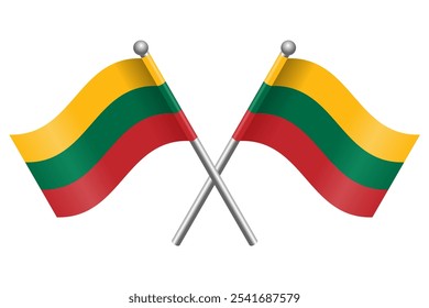 Crossed Lithuania Flags Vector Illustration. 3D Style with Silver Flagpoles, Isolated on White Background, Editable and Scalable EPS for Icons, Posters, and Graphic Design Projects