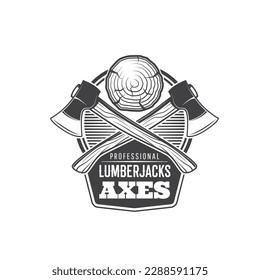 Crossed lumberjack axes icon. Forestry, logging and woodworking industry monochrome emblem, carpenter, lumberman or professional lumberjack tools shop vector symbol with crossed axes and wooden log