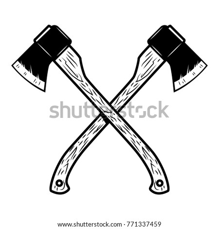 Crossed lumberjack axes isolated on white background. Design element for poster, emblem, sign, banner. Vector illustration