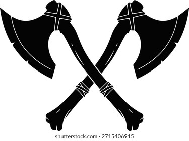 Crossed lumberjack axes silhouette vector illustration for woodworking shop logos and camping outdoor adventure badges.