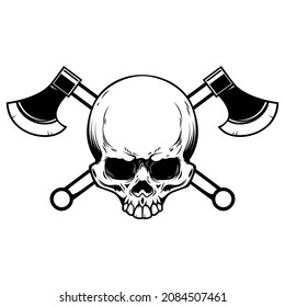 Crossed lumberjack axes with skull. Design element for logo, emblem, sign, poster, t shirt. Vector illustration