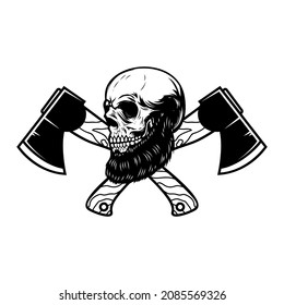 Crossed lumberjack axes with skull. Design element for logo, emblem, sign, poster, t shirt. Vector illustration