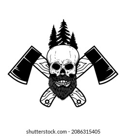 Crossed lumberjack axes with skull. Design element for logo, emblem, sign, poster, t shirt. Vector illustration