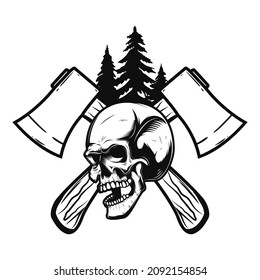 Crossed lumberjack axes with skull. Design element for logo, emblem, sign, poster, t shirt. Vector illustration