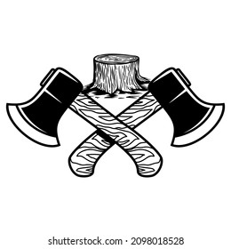 Ejes de leñadores cruzados con árboles. Elemento de diseño para logotipo, emblema, cartel, afiche, camiseta. Ilustración del vector