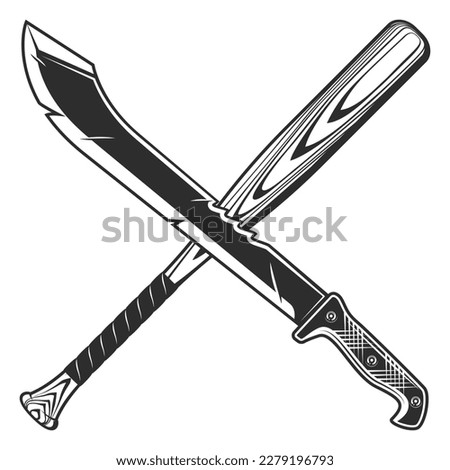 Crossed machete with baseball bat icon, sharp knife melee weapon of hunter in jungle. Black and white vector isolated on white background