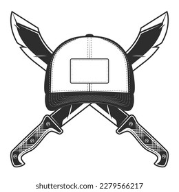 Crossed machete with baseball cap icon, sharp knife melee weapon of hunter in jungle. Black and white vector isolated on white background
