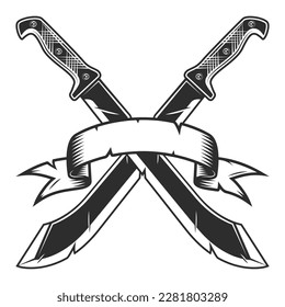Machete cruzado con icono de cinta, arma de caza con cuchillo afilado en la jungla. Vector negro y blanco aislado en fondo blanco