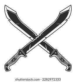 Crossed machete sharp knife icon, melee weapon of hunter in jungle. Black and white vector isolated on white background