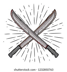 Crossed machetes. Hand drawn vector illustration with a crossed machetes and divergent rays. Used for poster, banner, web, t-shirt print, bag print, badges, flyer, logo design and more. 