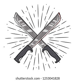 Crossed machetes. Hand drawn vector illustration with a crossed machetes and divergent rays. Used for poster, banner, web, t-shirt print, bag print, badges, flyer, logo design and more. 