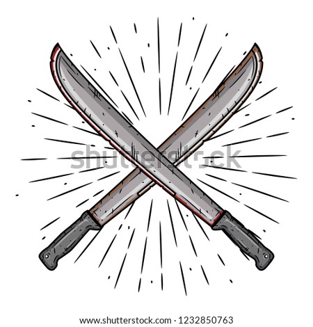 Crossed machetes. Hand drawn vector illustration with a crossed machetes and divergent rays. Used for poster, banner, web, t-shirt print, bag print, badges, flyer, logo design and more. 