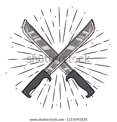Crossed machetes. Hand drawn vector illustration with a crossed machetes and divergent rays. Used for poster, banner, web, t-shirt print, bag print, badges, flyer, logo design and more. 
