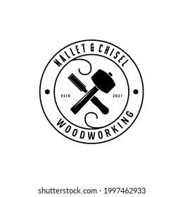 crossed mallet wooden hammer with chisel woodworking circle logo design vector label stamp sticker badge
