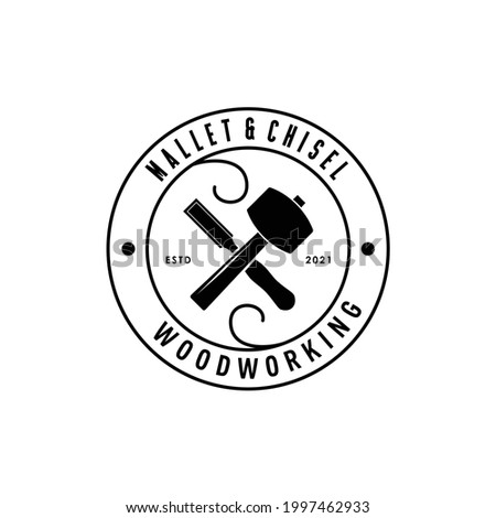 crossed mallet wooden hammer with chisel woodworking circle logo design vector label stamp sticker badge