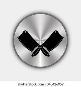 crossed meat choppers vector icon on round metallic button