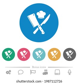 Crossed meat cleaver and knife with chef hat flat white icons on round color backgrounds. 6 bonus icons included.