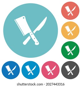 Crossed meat cleaver and knife flat white icons on round color backgrounds