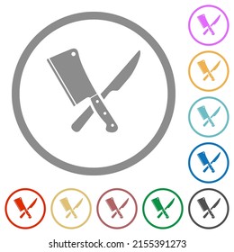 Crossed meat cleaver and knife flat color icons in round outlines on white background