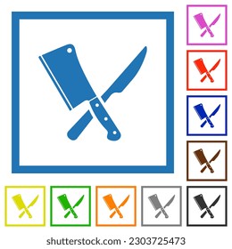 Crossed meat cleaver and knife flat color icons in square frames on white background