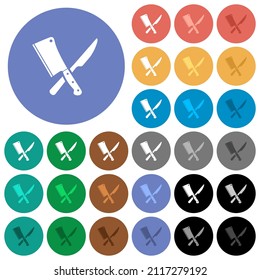 Crossed meat cleaver and knife multi colored flat icons on round backgrounds. Included white, light and dark icon variations for hover and active status effects, and bonus shades.
