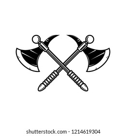 Crossed medieval axe. Design element for label, badge, sign. Vector illustration